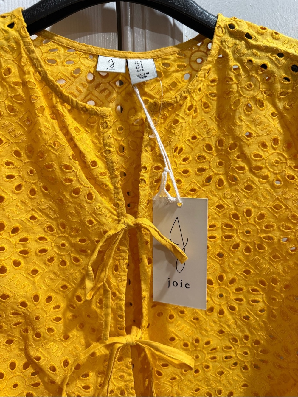 Joie Mustard Eyelet Tie-Front Crop Blouse - Picture 3 of 5